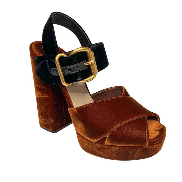 Prada Two-Tone Platform Velvet Strappy Sandals EU 38.5 Orange Chunky High Heel - Picture 1 of 11